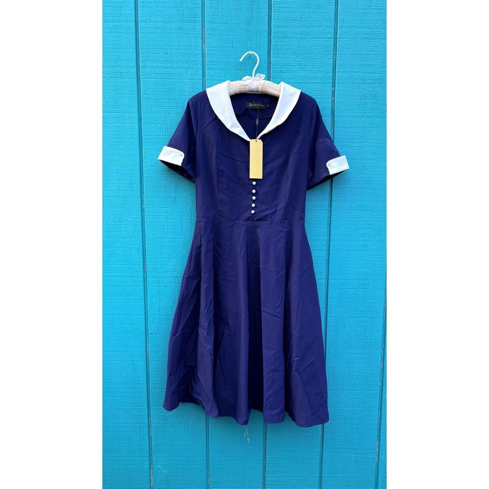 Navy Blue Sailor Collar Vintage Rockabilly Midi Dress Pearl Buttons New‎ 1950s